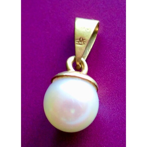 14K Signed Yellow Gold Pendant Bail 6mm Authentic Pearl High Luster .68 grams - Picture 4 of 10